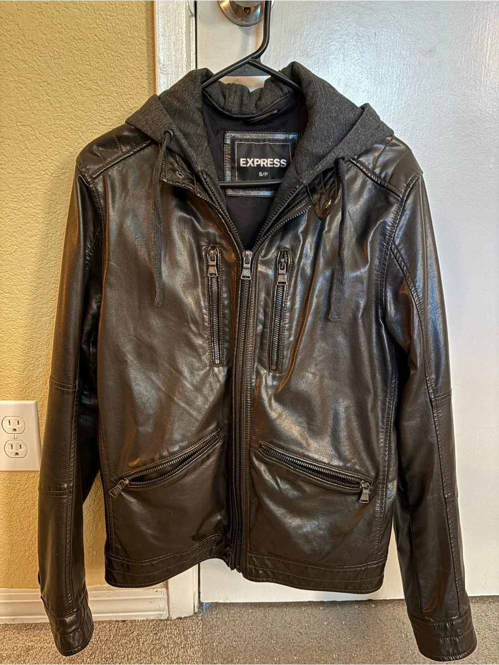 Express Brown Faux Leather Bomber Jacket with Hooded Insert